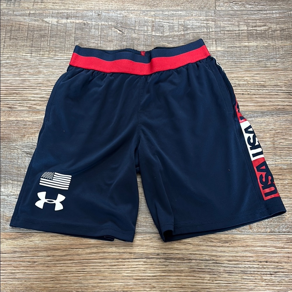 Under Armour boys team USA shorts, red/ white/ navy. Size extra small. EUC